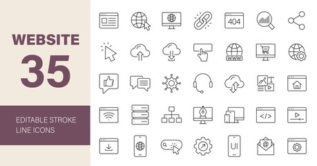 Website Line Editable Icons set. Vector illustration for web and mobile app. Internet related icons: content, SEO, e-commerce, hosting, server, homepage, user interface and more.