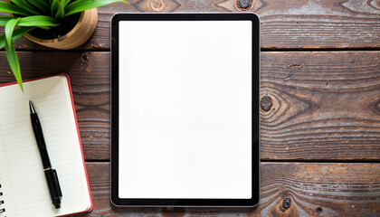 A tablet mockup placed on a rustic wooden table with green plants and a notebook. The natural elements create an inspiring workspace ideal for presenting digital designs, creative apps