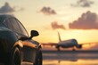 © Andrei - minimalistic stock photo of sleek black luxury car parked near private jet glowing under golden hues of sunset