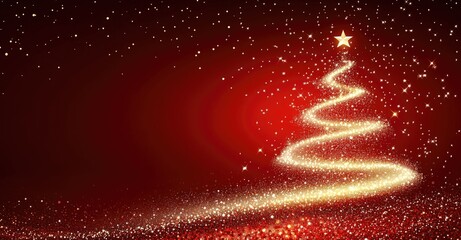 Wall Mural - elegant christmas tree made of golden light swirls with a bright star on a red background, surrounde