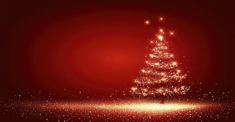 Wall Mural - glowing christmas tree with golden sparkles and a warm festive glow on a red background, creating a 