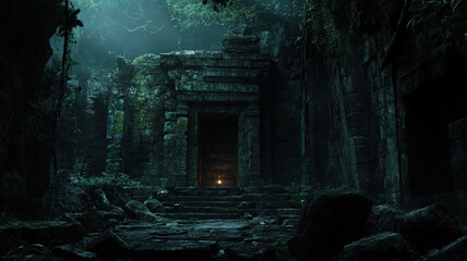 Wall Mural - Mysterious Ancient Temple Ruins with Dark Entrance and Glowing Light in Jungle