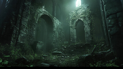 Wall Mural - Mysterious Ancient Ruins with Gothic Arches Overgrown by Moss and Glowing Light from Above