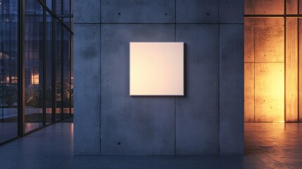 Wall Mural - Minimalist White Square Poster Mockup on Contemporary Concrete Wall at Night: Ambient Warm Lighting, Fine Textures, and Reflective Details in a Modern Setting.