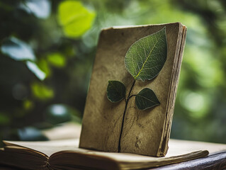 Book resting on a table with pressed leaves and green foliage in the background during daytime