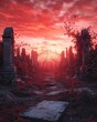 © KrikHill - Overgrown gothic cemetery with an ornate iron gate illuminated by a dramatic red sunset, creating a haunting yet beautiful scene