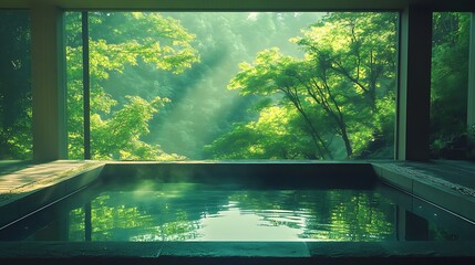 Canvas Print - Tranquil indoor hot spring bath with lush green forest view.