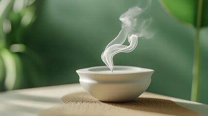 Canvas Print - White bowl with incense smoke rising, on wooden surface, green background.