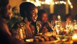 © Andrii - Elegant African Woman Enjoying Dinner Party With Friends In High Society Setting, Soft Focus And Film Grain Aesthetic.
