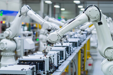 Poster - Robotic arms assemble lithium-ion batteries in factory setting. Generative AI