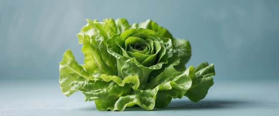 Wall Mural - Fresh and Crispy Green Coral Lettuce on Light Blue Background.