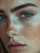 © Elena - Close-up portrait of a woman with striking blue eyes and freckles on her face, set against a neutral background.