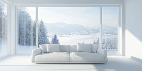 Wall Mural - Empty, modern living room with snow outside. Large windows, white furniture, and a clean, minimalist interior.