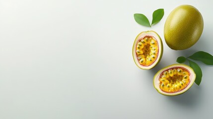 Wall Mural - Vibrant tropical flavors, whole and halved passion fruit showcasing its seeds juicy pulp