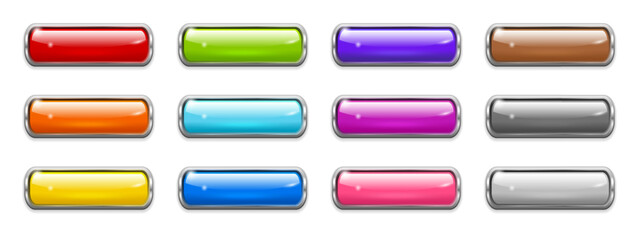 glossy web buttons with metal frame. 3d glass labels, color icons with silver border. modern blank s