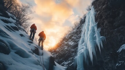 Two climbers ascend a snowy mountain while a frozen waterfall glints in the sunset. Adventure awaits at every turn in this wild terrain.