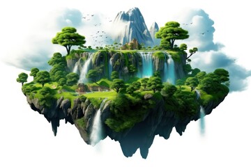 Wall Mural - Floating fantasy island waterfall green tree.