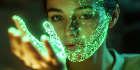 Wall Mural - a woman looks through a futuristic digital interface. green holographic patterns glow on her face an