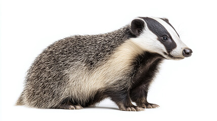 side view of a standing european badger isolated on a white background.