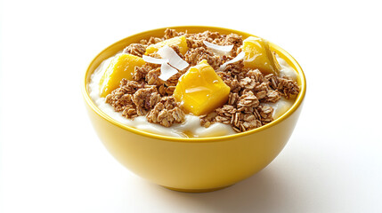 Canvas Print - Yellow bowl with mango yogurt with granola, coconut flakes, and a drizzle of honey, isolated on a white background, side and top view, dessert bundle.