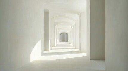 Fototapete - Architectural perspective of expansive white corridor with arches leading to bright light in modern interior design