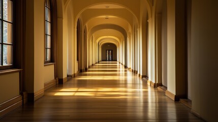 Fototapete - Architectural perspective of expansive white corridor with arches leading to bright light in modern interior design