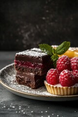 Canvas Print - Dessert Plate with Chocolate Cake and Raspberries