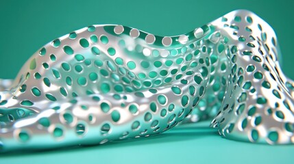 Abstract metal mesh wave on turquoise background for design, texture, or industrial use