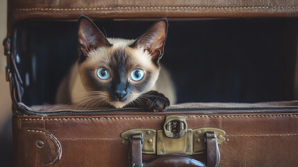 adventurous siamese cat peeking out of a vintage leather suitcase, travel and wanderlust theme