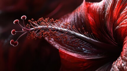 Poster - Vibrant red hibiscus flower showcasing intricate details and textures in soft lighting during early evening hours