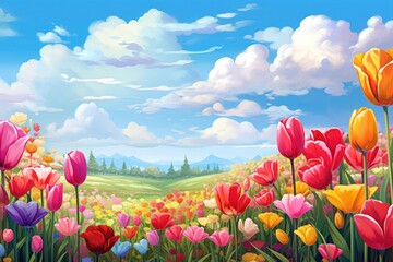 Canvas Print - Tulips flower field border backgrounds landscape outdoors.