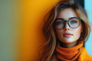 Wall Mural - Elegant young woman with glasses posing against a warm background in stylish attire