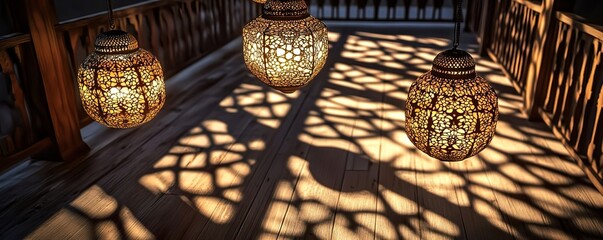 Wall Mural - TraditionalRamadanlanternshangingoverawoodenbalcony,castingintricateshadowsonthefloor