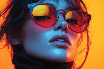 Wall Mural - Stylish model showcases vibrant sunglasses against a colorful backdrop in a promotional shoot