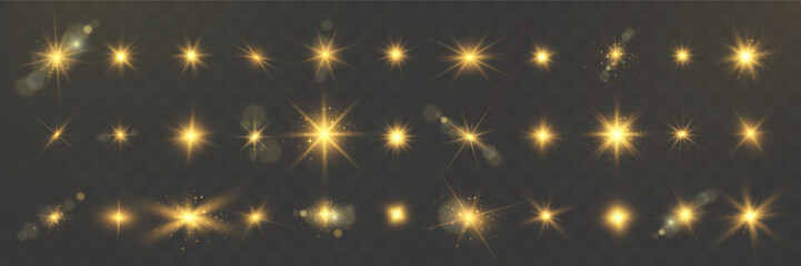 Wall Mural - Glowing golden light effects, sparkling starbursts, bright lens flares, magical glitter, bokeh illumination, twinkling lights, transparent overlay, festive decoration, radiant shine, fantasy sparkles.