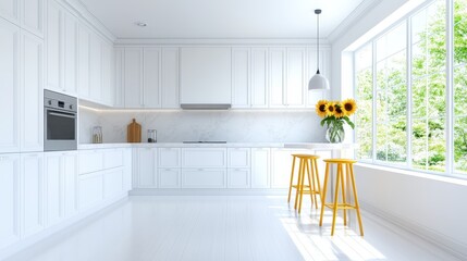 Wall Mural - A sleek white kitchen with a minimalist design, featuring two yellow bar chairs and a vase of sunflowers, embodying a modern aesthetic and inviting ambiance.