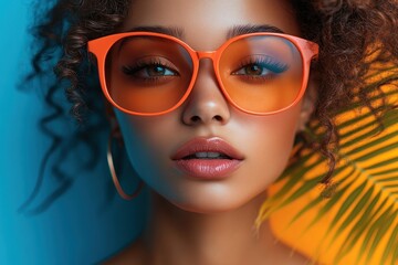 Wall Mural - Stylish woman in orange sunglasses posed against colorful backdrop with tropical leaves