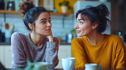 Two smiling women embracing in kitchen, celebrating love and togetherness