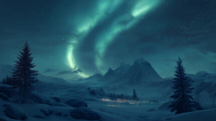 aurora borealis above the clouds ,breathtaking view of the northern lights illuminating the night sky with vibrant shades of green , blue , purple over serene , snow covered mountain landscape, forest