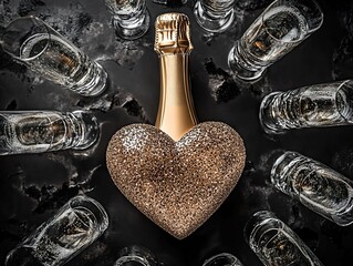 Wall Mural - Elegant,heart-shapedchampagnebottle,surroundedbydelicate,glassflutes,onaluxurious,blackbackground,