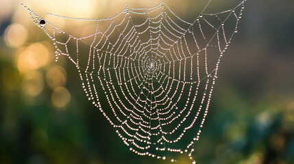 spider web with dew drops , trees in the garden 