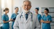 © TJ_Designs - A happy doctor in medical uniform, in a hospital with other nurses, with a little bit of blurred background with side copy space, with background sunshine