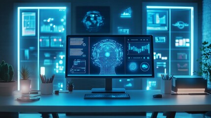 Wall Mural - futuristic computer desk with digital brain interface display