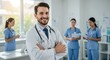 © TJ_Designs - A happy doctor in medical uniform, in a hospital with other nurses, with a little bit of blurred background with side copy space, with background sunshine