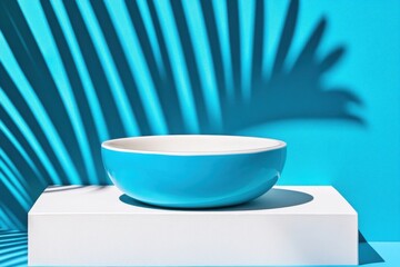 Poster - Stylish blue bowl on a pedestal against a tranquil blue background with soft shadows creating a modern artistic vibe