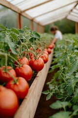 Wall Mural - Vibrant tomatoes line wooden shelves in greenhouse, showcasing l