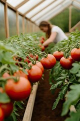 Wall Mural - Vibrant red tomatoes grow lushly in greenhouse, highlighting car