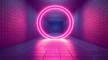 Wall Mural - Endless digital grid glowing neon red circle tunnel with immersive futuristic perspective. Luminous Infinite Corridor. Illustration