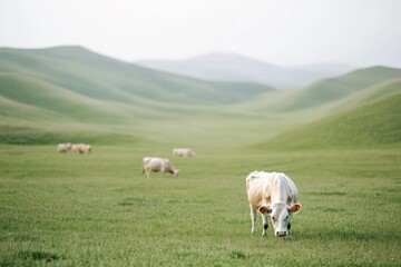 Wall Mural - Lush green hills create serene landscape, with cows grazing peac