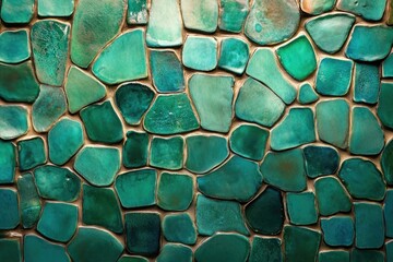 Irregular teal green stone mosaic tile wall texture background.